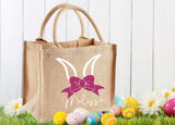 sac de pâques personnalisé oreilles lapin noeud et prénom , sac toile de jute pour enfant, sac chasse aux oeufs