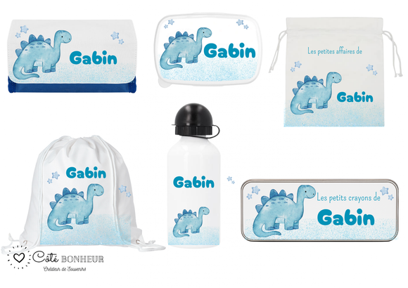 Kit rentrée école personnalisé – Motif dinosaure bleu,  boîte à goûter, trousse, gourde personnalisée (Copie) (Copie) (Copie)
