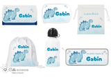 Kit rentrée école personnalisé – Motif dinosaure bleu,  boîte à goûter, trousse, gourde personnalisée (Copie) (Copie) (Copie)