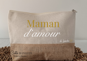 Trousse maman personnalisée "maman d'amour" , pochette maman personnalisée toile de jute coton , grande trousse maman, cadeau fête des mères