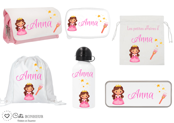 Kit rentrée école personnalisé – Motif princesse, boîte à goûter, trousse, gourde personnalisée (Copie) (Copie)