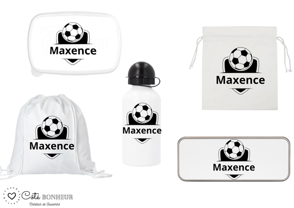 Kit rentrée école personnalisé – Motif football, boîte à goûter, trousse, gourde personnalisée (Copie)