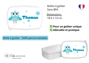 Kit rentrée école personnalisé – Motif chouette, boîte à goûter, trousse, gourde personnalisée (Copie)