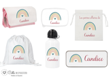 Kit rentrée école personnalisé – Motif arc-en-ciel, boîte à goûter, trousse, gourde personnalisée