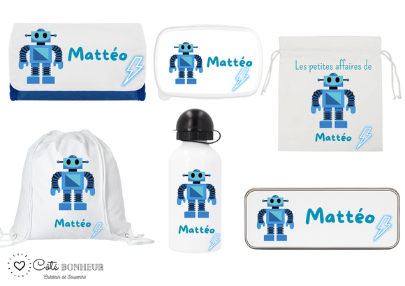 Kit rentrée école personnalisé – Motif robot bleu,  boîte à goûter, trousse, gourde personnalisée (Copie) (Copie) (Copie) (Copie)