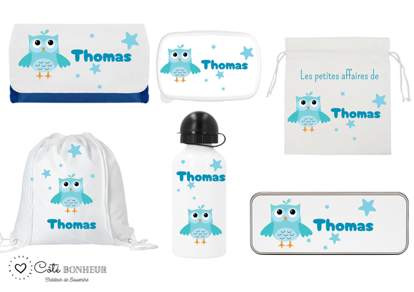 Kit rentrée école personnalisé – Motif chouette, boîte à goûter, trousse, gourde personnalisée (Copie)