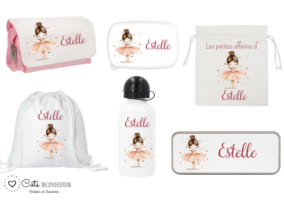 Kit rentrée école personnalisé – Motif danseuse étoile,  boîte à goûter, trousse, gourde personnalisée (Copie) (Copie)