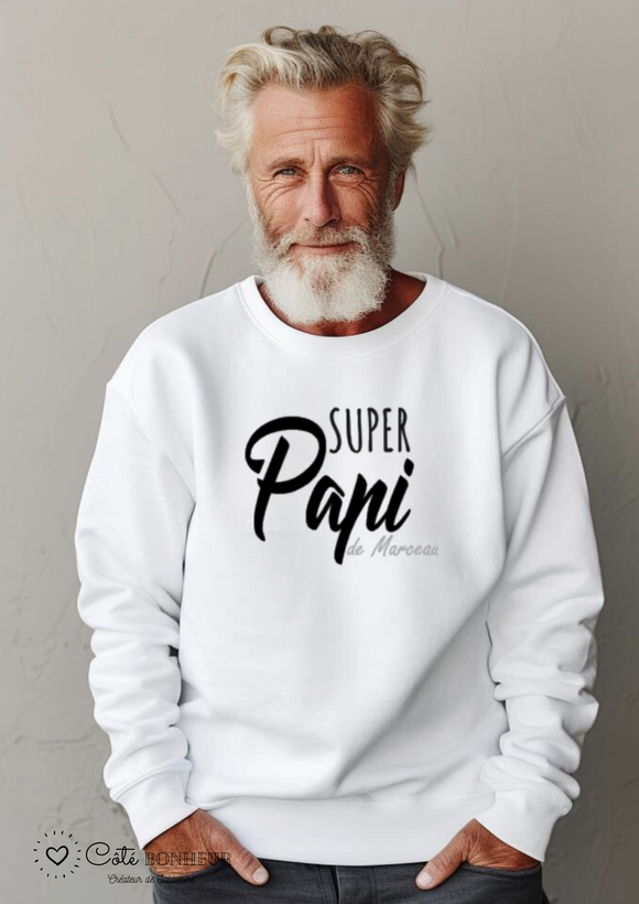 Sweat personnalisé Super Papi avec noms des petits-enfants – Cadeau fête des grands-pères, anniversaire, Noël – Pull grand-père personnalisé