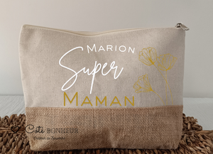 Trousse personnalisée Super Maman avec prénom – Cadeau fête des mères – Pochette coton et jute – Cadeau maman origina