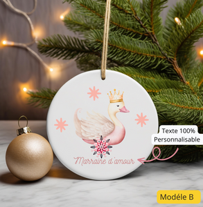 Ornement de noël personnalisé céramique Motif cygne rose, ornement noel céramique personnalisable, boule de noël personnalisée