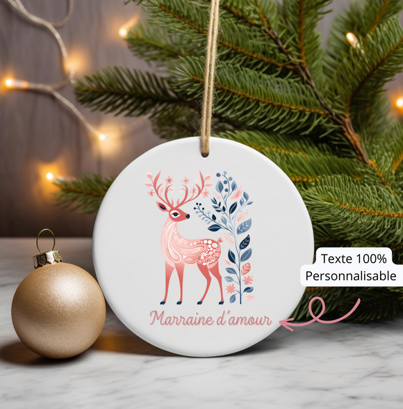 Ornement de noël personnalisé céramique Motif cerf scandinave, ornement noel céramique personnalisable, boule de noël personnalisée