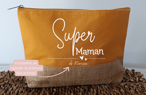 Trousse personnalisée Super Maman et prénom des enfants , Cadeau fête des mères , Pochette coton et jute – Cadeau maman original