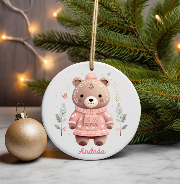 Ornement de noël personnalisé nounours, ornement noel céramique enfant personnalisable, boule de noël personnalisée, mon premier noël