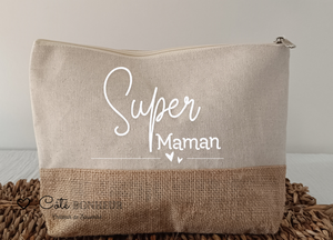 Trousse personnalisée Super Maman et prénom des enfants , Cadeau fête des mères , Pochette coton et jute – Cadeau maman original