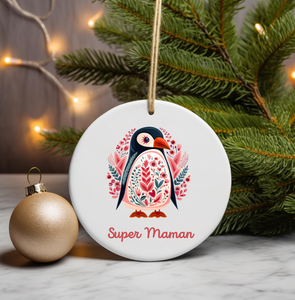 Ornement de noël personnalisé céramique Motif Pingouin scandinave, ornement noel céramique personnalisable, boule de noël personnalisée