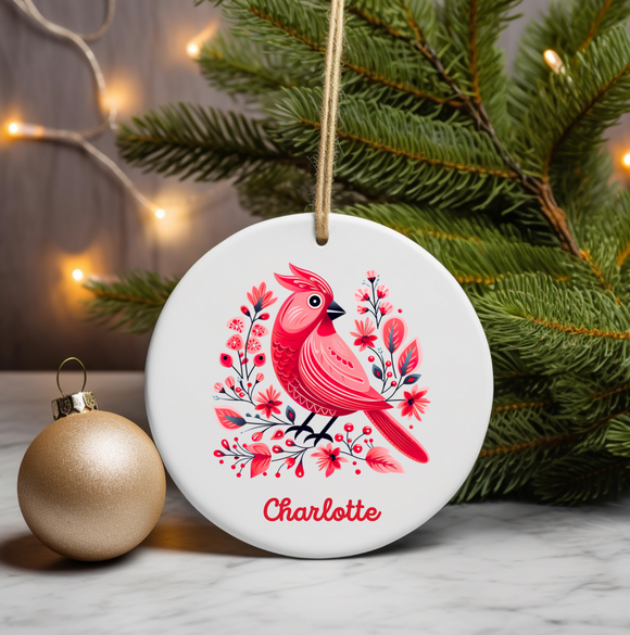 Ornement noël personnalisé céramique Motif oiseau-noël rose- scandinave, ornement noel céramique personnalisé, boule de noël personnalisée