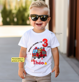 T-shirt Anniversaire camion de pompier personnalisé -t-shirt anniversaire - Cadeau Enfant - Thème pompier