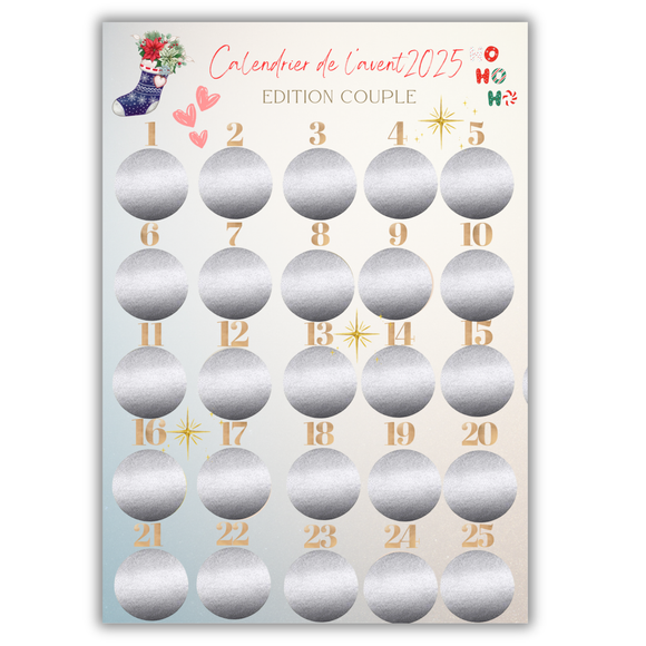 Calendrier de l’Avent Couple 2025 à Gratter personnalisé – 25 activités romantiques à partager – Idée cadeau original amoureux, Noël en duo
