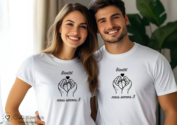Annonce grossesse t-shirt couple bientôt nous serons 3 , futur papa, future maman, futurs parents, Cadeau futur papa / future maman