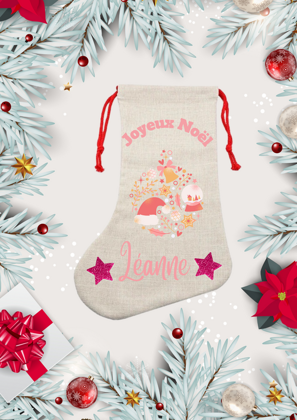 Chaussette de noël personnalisée noël rose , chaussette de noël pailletée, bas de noël enfant, botte de noël personnalisée, noël en rose