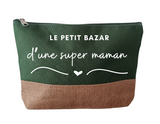 Trousse maman personnalisée "le petit bazar d'une super maman" , pochette maman personnalisée toile de jute et coton , grande trousse maman