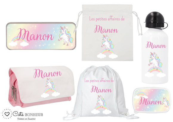 Kit rentrée école personnalisé – Motif licorne, boîte à goûter, trousse, gourde personnalisée (Copie)
