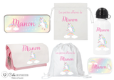 Kit rentrée école personnalisé – Motif licorne, boîte à goûter, trousse, gourde personnalisée (Copie)