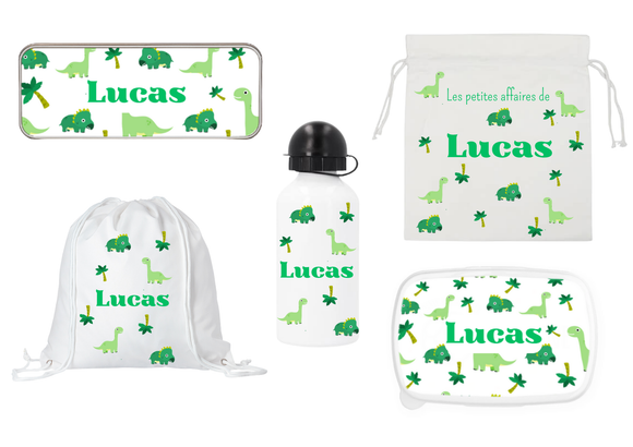 Kit rentrée école personnalisé – Motif dinosaure vert,  boîte à goûter, trousse, gourde personnalisée (Copie) (Copie) (Copie) (Copie)