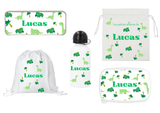 Kit rentrée école personnalisé – Motif dinosaure vert,  boîte à goûter, trousse, gourde personnalisée (Copie) (Copie) (Copie) (Copie)