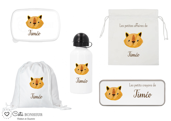 Kit rentrée école personnalisé – Motif renard, boîte à goûter, trousse, gourde personnalisée (Copie) (Copie) (Copie)