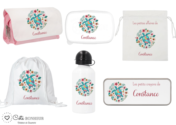 Kit rentrée école personnalisé – Motif tortue colorée, boîte à goûter, trousse, gourde personnalisée (Copie)