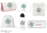 Kit rentrée école personnalisé – Motif tortue colorée, boîte à goûter, trousse, gourde personnalisée (Copie)