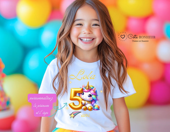 T-shirt Anniversaire enfant personnalisé, thème licorne -t-shirt anniversaire - Cadeau Enfant