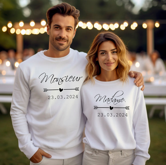Mariage Sweat monsieur madame + date, Sweatshirt de Mariage Personnalisé, Cadeau de Mariage original, Pull à Capuche Just Married