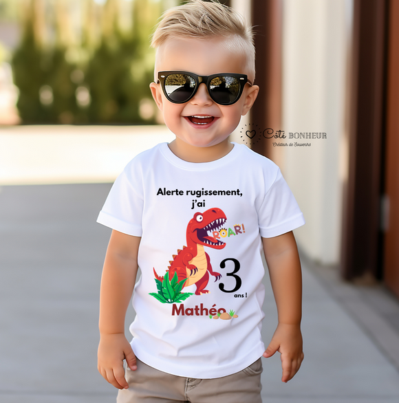 T-shirt Anniversaire Dinosaure Personnalisé - Prénom & Âge - Cadeau Enfant - Rugissement T-Rex - Thème Dino