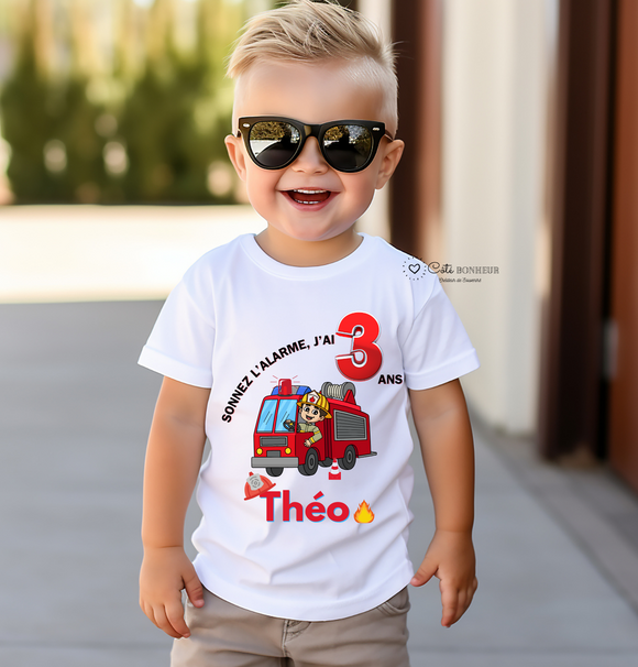 T-shirt Anniversaire camion de pompier personnalisé -t-shirt anniversaire - Cadeau Enfant - Thème pompier