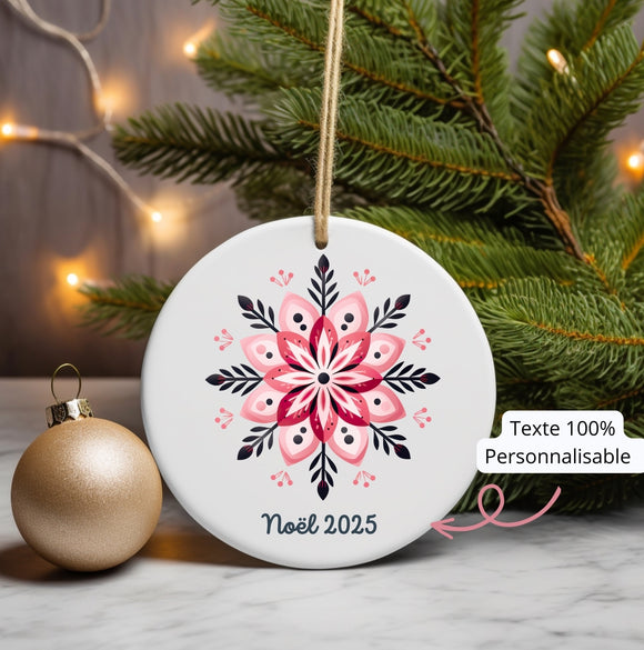Ornement de noël personnalisé céramique Motif Flocon scandinave, ornement noel céramique personnalisable, boule de noël personnalisée