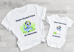 Cadeau naissance tee shirt super grand frère et body super petit frère collection dinosaure, cadeau grand frère personnalisé