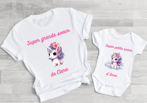 Cadeau naissance tee shirt super grande soeur et body super petite soeur collection licorne, cadeau grande soeur personnalisé