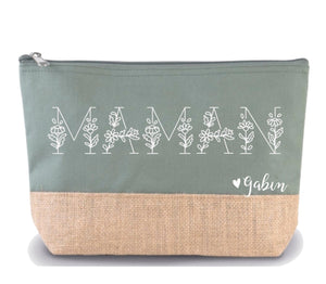 Pochette maman personnalisée modèle fleur, trousse maman , cadeau maman, trousse toile de jute, fête des mères