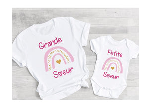 Cadeau naissance tee shirt super grande soeur et body super petite soeur , annonce grossesse, future grande soeur arc en ciel