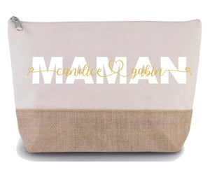 Trousse maman personnalisée prénoms enfants , pochette maman personnalisée , grande trousse maman jute , fête des mères