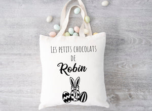 sac de pâques personnalisé les petits chocolats de + prénom, sac pour enfant, sac chasse aux oeufs