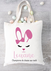 sac de pâques personnalisé prénom, lapin pour enfant, sac chasse aux oeufs