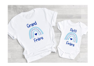 Cadeau naissance tee shirt super grand frère et body super petit frère, annonce grossesse, futur grand frère, arc en ciel