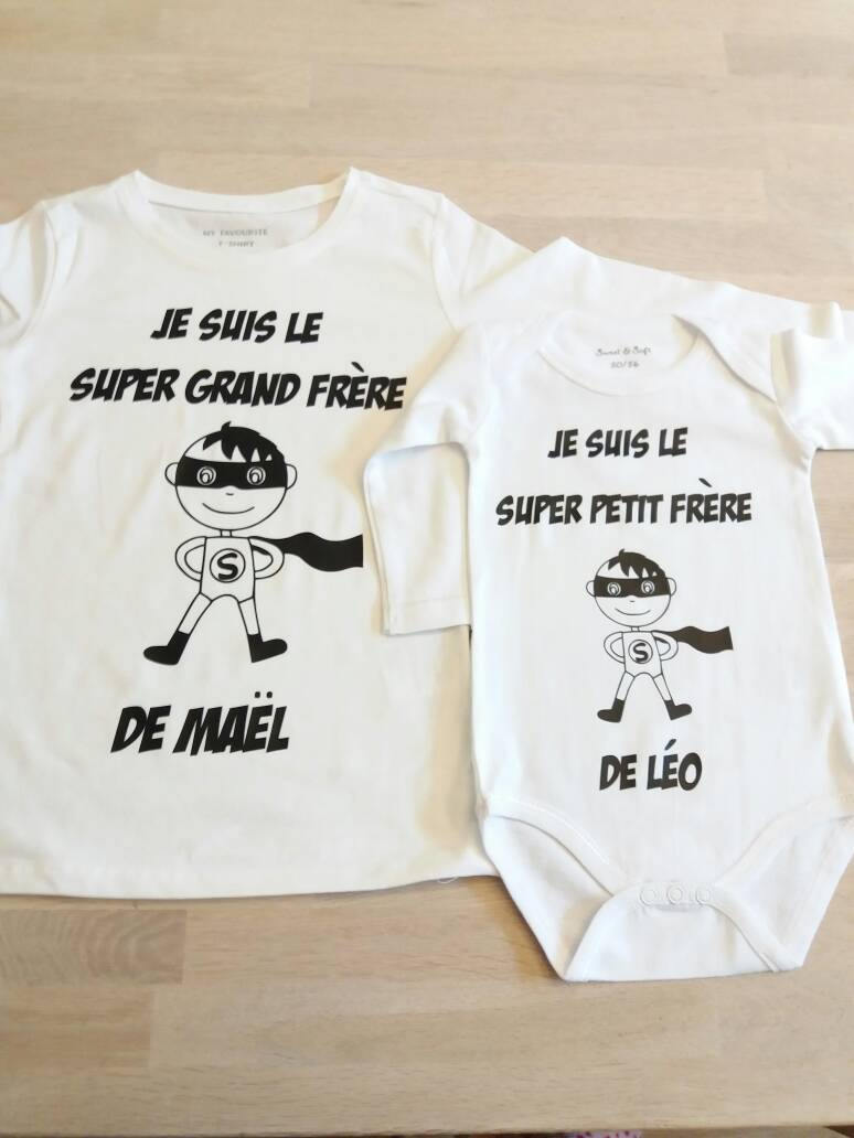 Cadeau naissance personnalisé tee shirt super grand frère et body