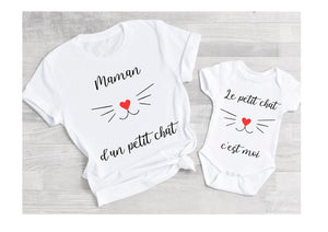 Tee shirt maman d'un petit chat, maman et moi, maman et bébé , tee shirt duo, tee shirt famille, tee shirt personnalisé