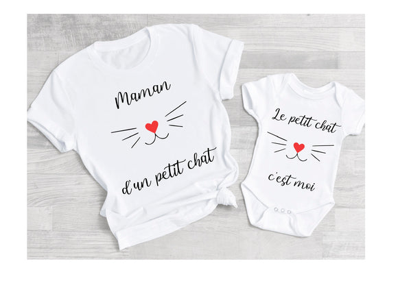 Tee shirt maman d'un petit chat, maman et moi, maman et bébé , tee shirt duo, tee shirt famille, tee shirt personnalisé