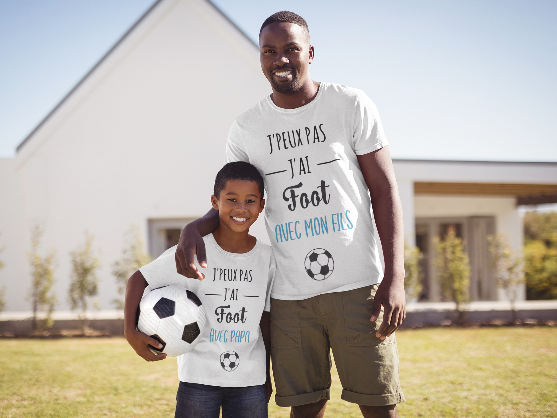 Tee shirt j'peux pas j'ai foot avec, tee shirt duo père et fils